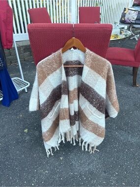 Jenni Striped Fringe Open-Front Poncho in Cream, Brown & Tan